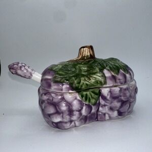 Vintage Purple Grape Ceramic Jelly And Jam/Condiment Dish With Lid And Spoon